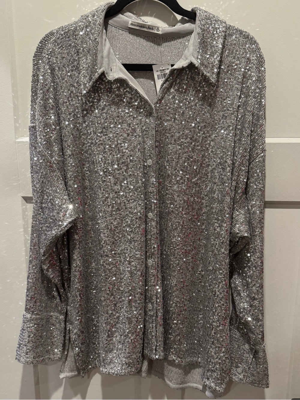 NWT Abercrombie & Fitch Silver Sequin Oversized Button-Down Shirt